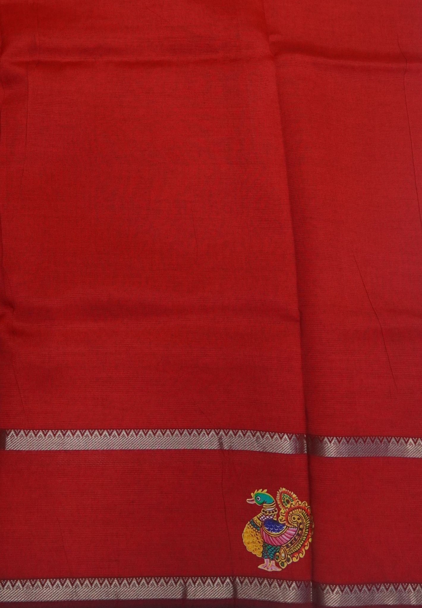 Pure Mangalgiri Silk Saree-Red in Tanjore Print with Retapet Border