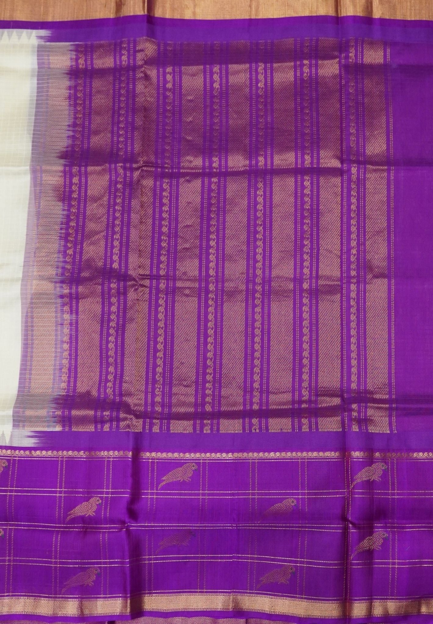 Pure Silk Cotton Saree – Off White & Royal Purple with Parrot Motifs