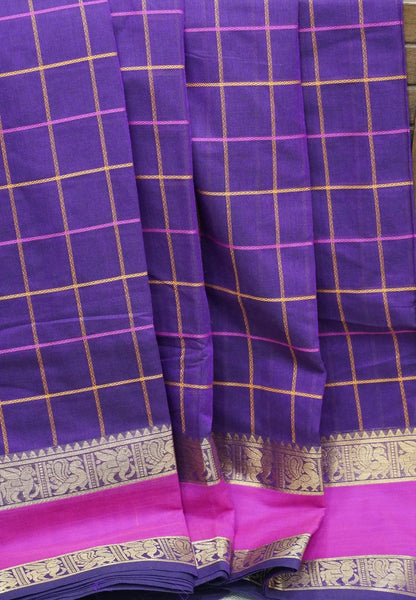 Chettinad Cotton Saree–Wine With thread Checks Annapakshi Zari Border