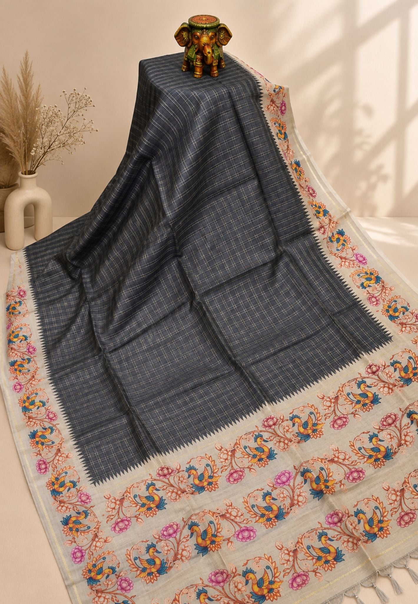 Premium Matka Tussar Saree-Grey with Tanjore Print