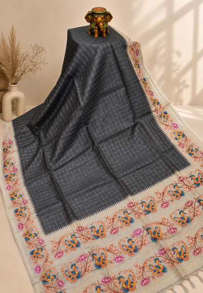 Premium Matka Tussar Saree-Grey with Tanjore Print