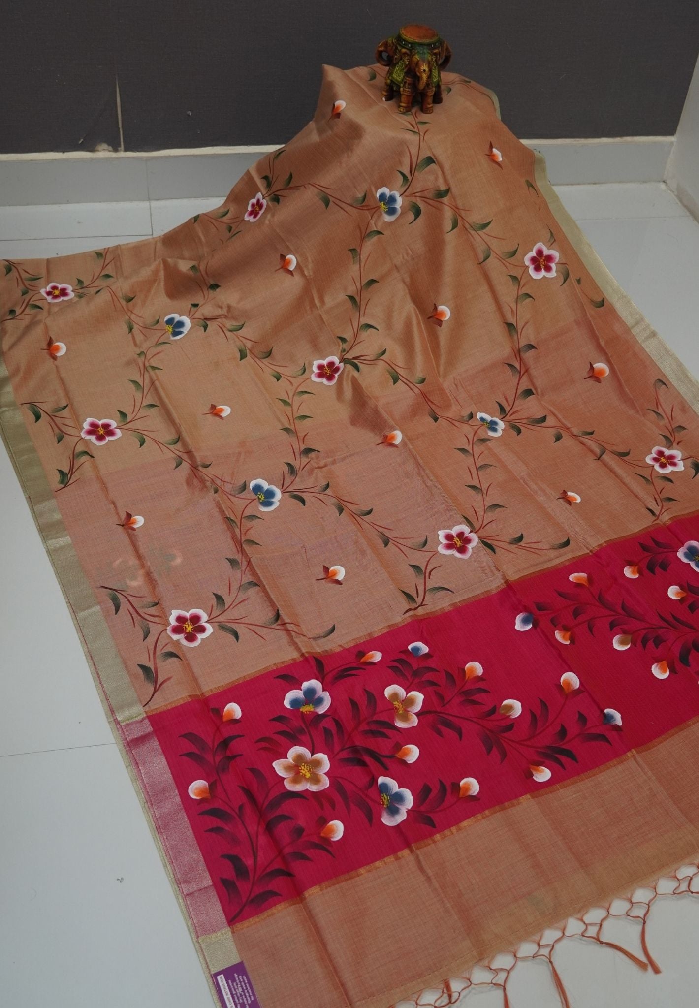 Cora Linen Saree-Beige with Hand Painted Floral Motifs