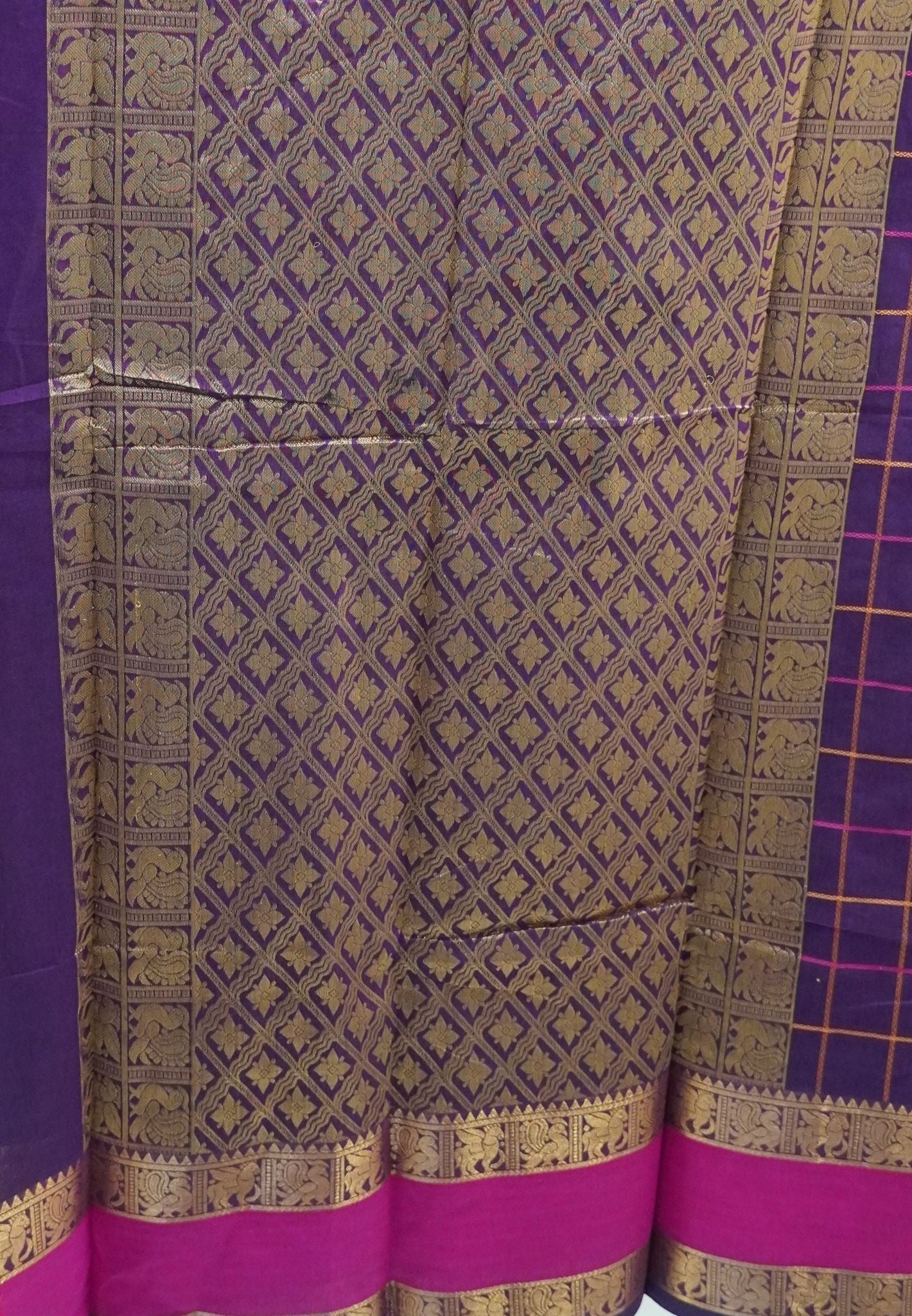 Chettinad Cotton Saree–Wine With thread Checks Annapakshi Zari Border