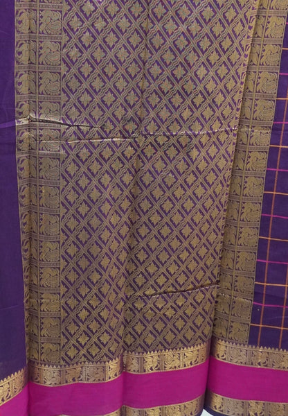 Chettinad Cotton Saree–Wine With thread Checks Annapakshi Zari Border