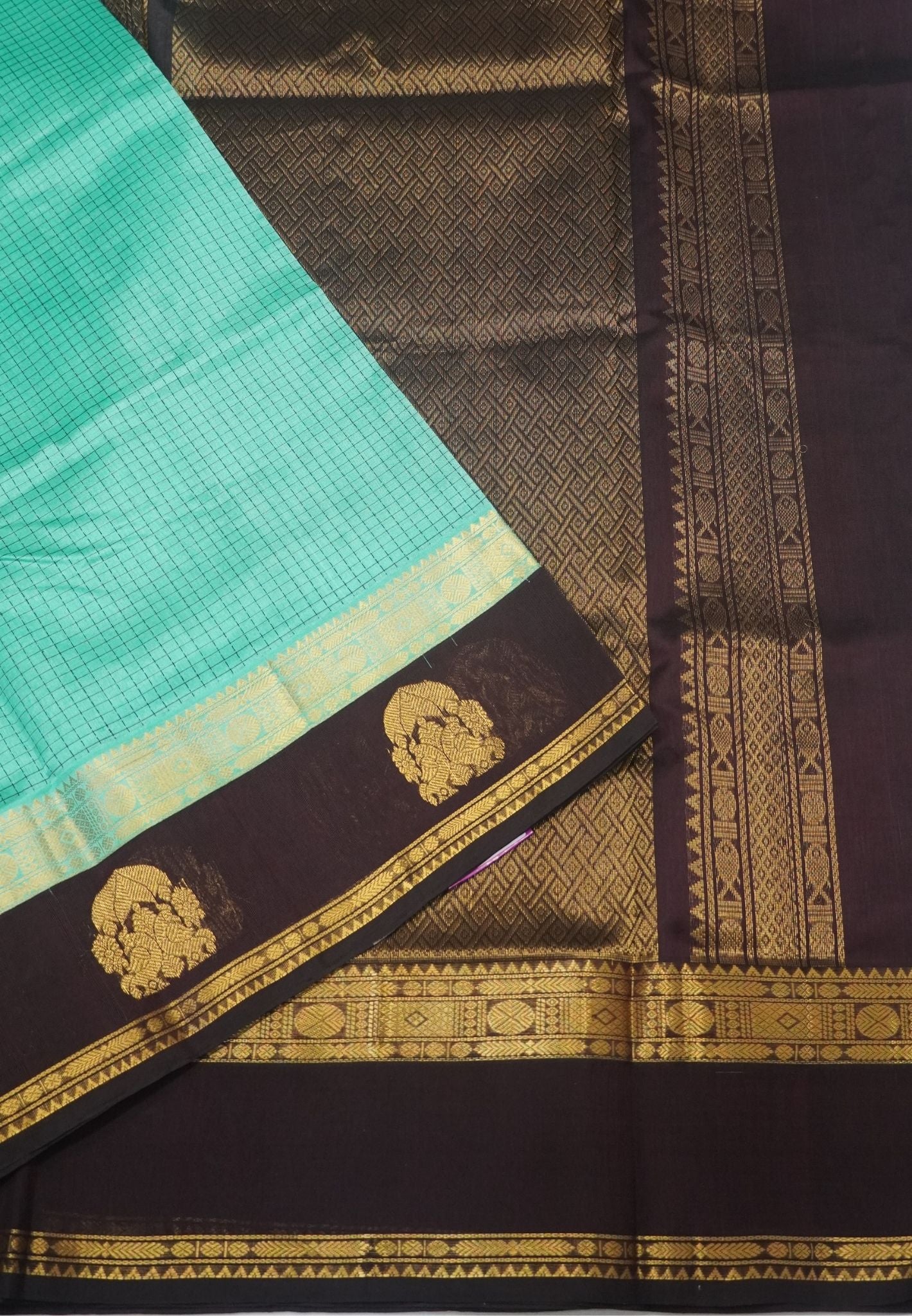 Pure Silk Cotton Saree-Turquoise Green with Contrast Gap Border