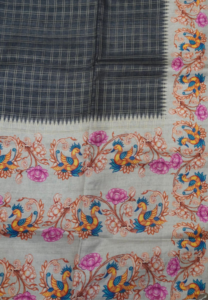 Premium Matka Tussar Saree-Grey with Tanjore Print