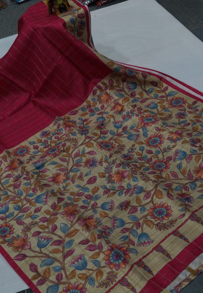 Semi Tussar Saree-Dark Pink