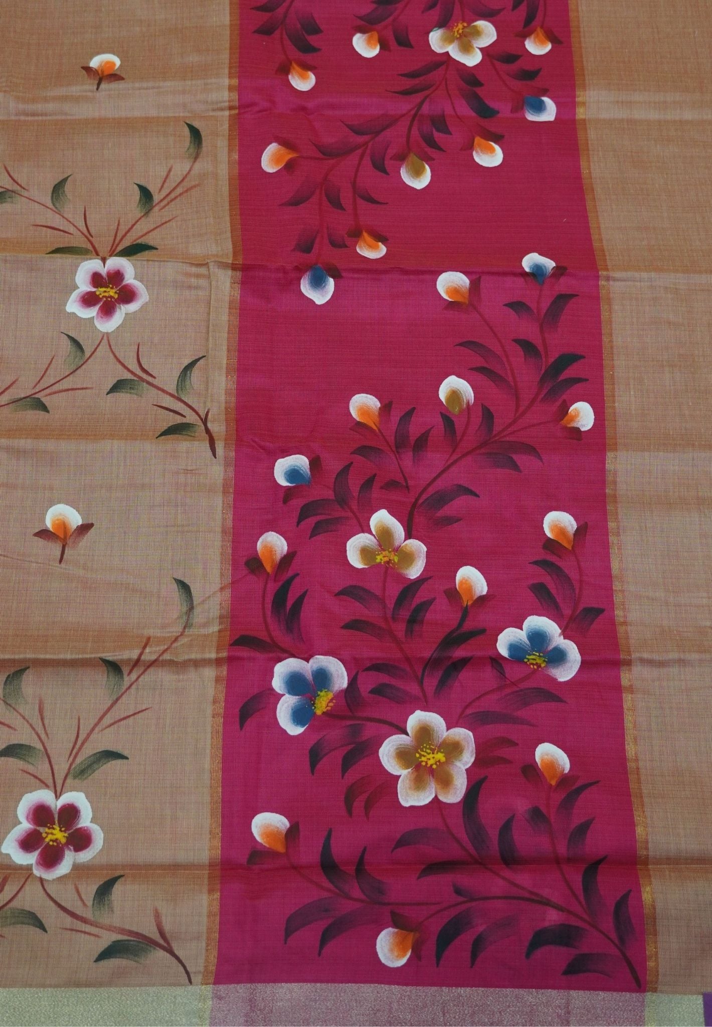Cora Linen Saree-Beige with Hand Painted Floral Motifs