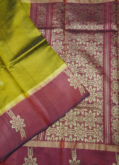 Pure Dupion Silk Saree - Gold With Red Border
