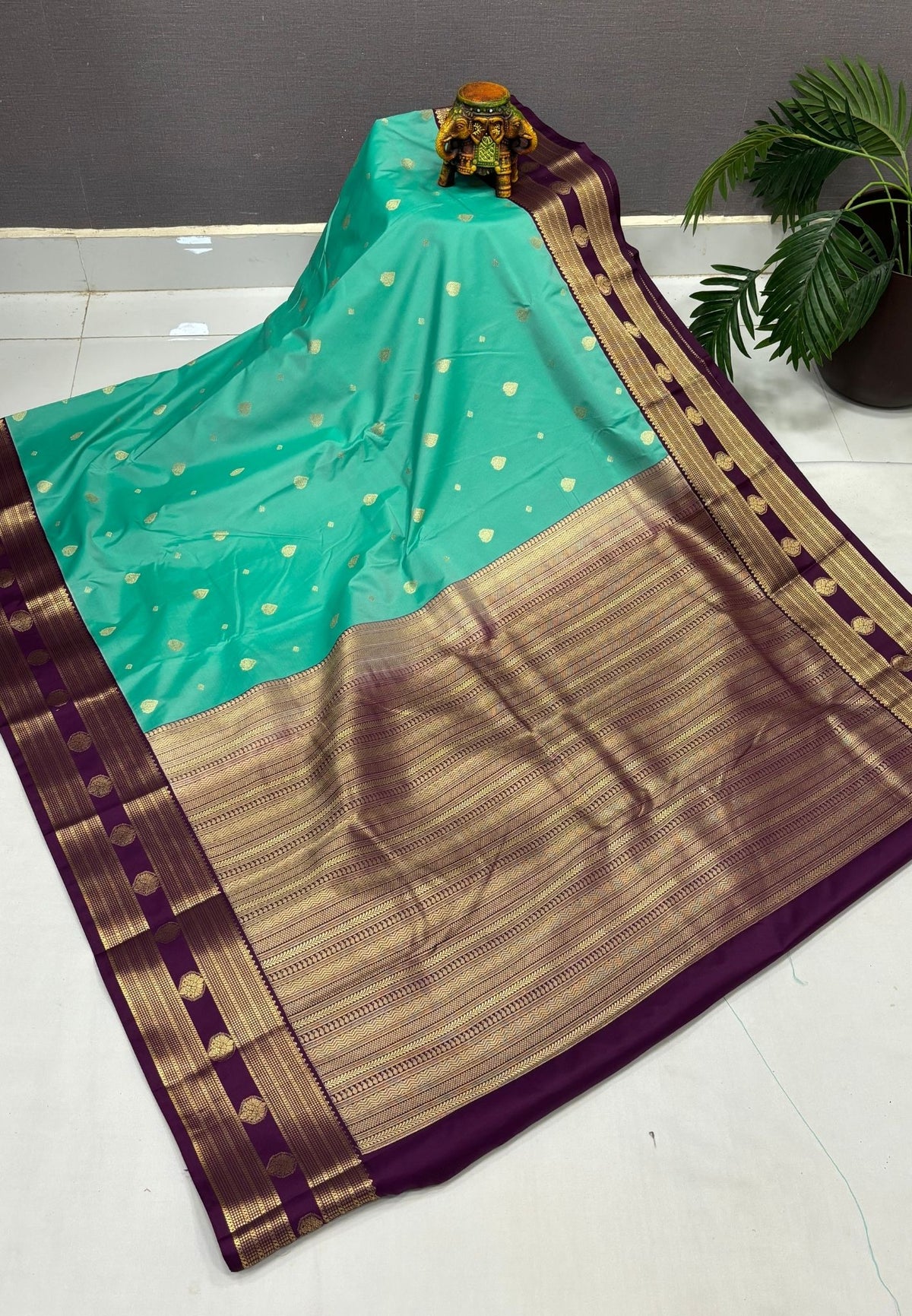 Budget Kanchipuram Saree-Teal Green with Contrast Border