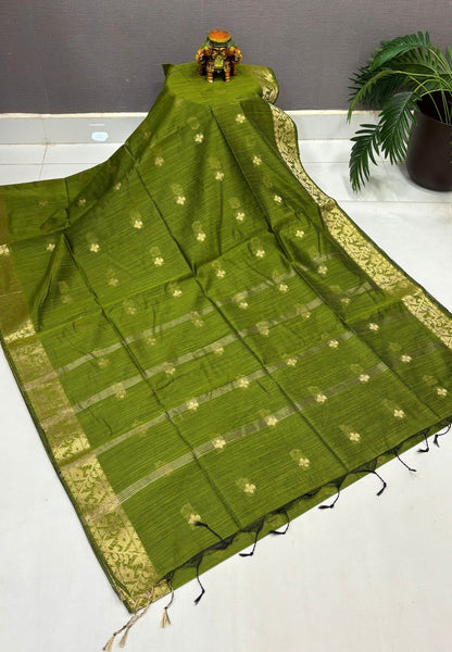 Handloom Silk Cotton Saree-Olive Green In Floral Butta Brocade Border