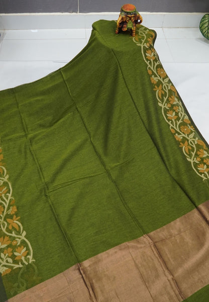 Handloom Cotton Saree-Sage Green Floral Jamdhani Border