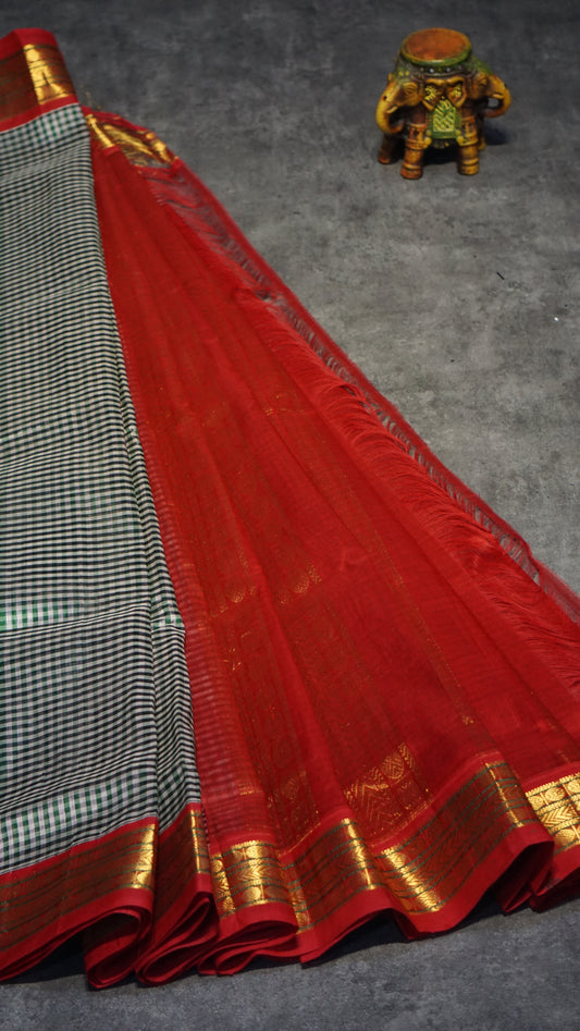 Silk Cotton Saree Check Green
