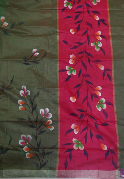 Cora Linen Saree-Green with Hand Painted Floral Motifs