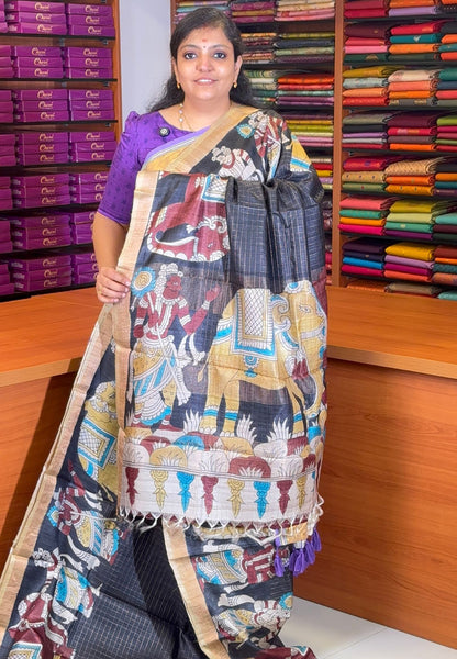 Pure Tussar Saree-Black and Multicolour Kalamkari Border