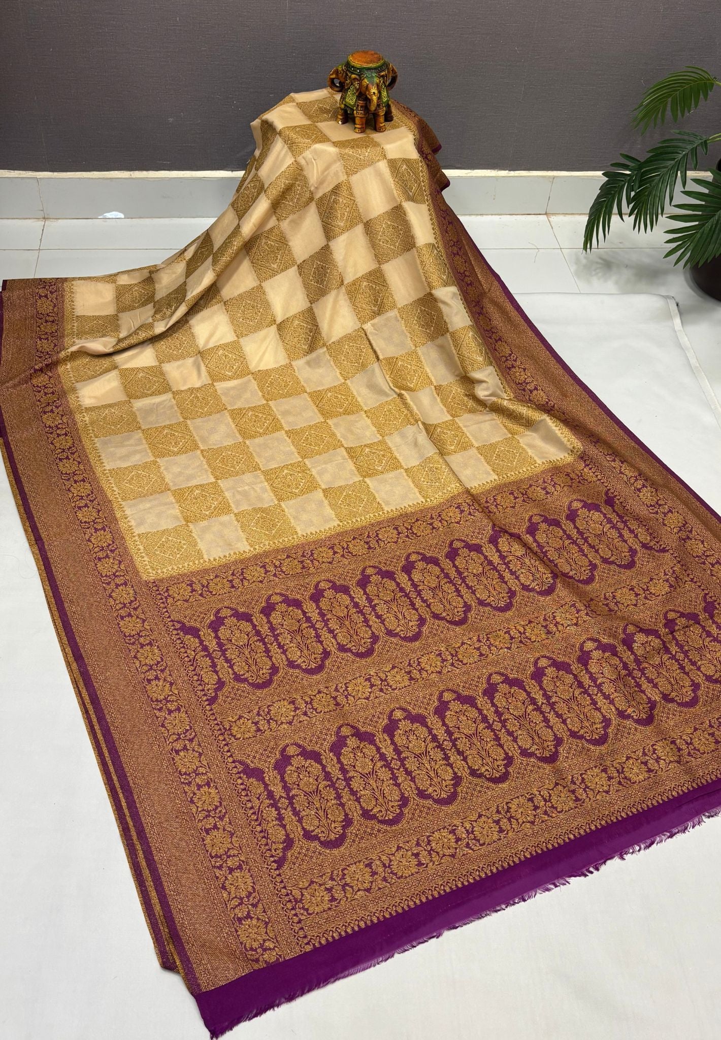 Banarasi Crepe Saree-Sandal In Square Check Brocade With Contrast Border