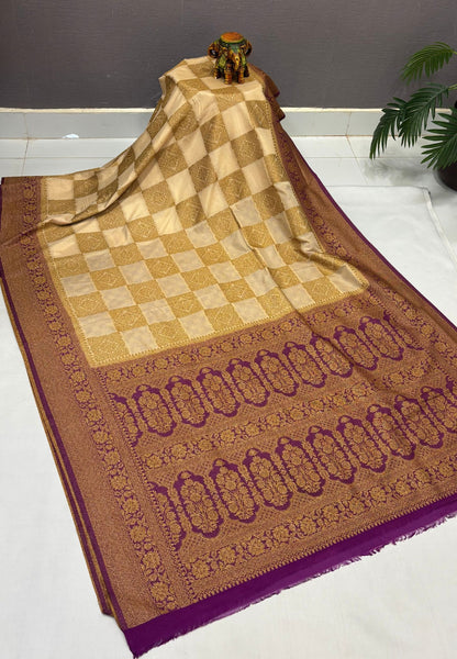 Banarasi Crepe Saree-Sandal In Square Check Brocade With Contrast Border