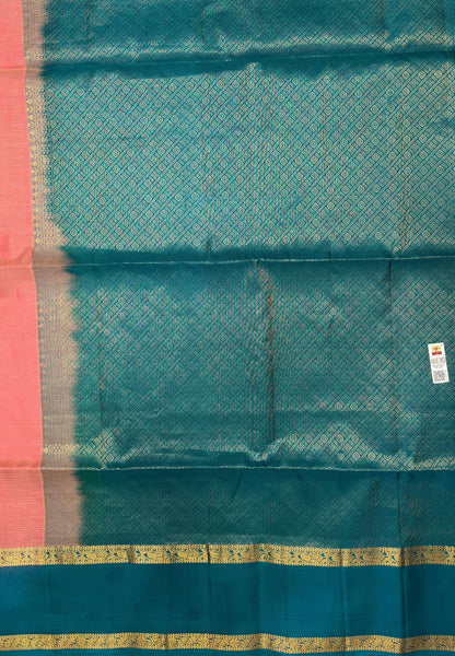Pure Kanchipuram Silk Saree-Light Peach Pink With Contrast Border