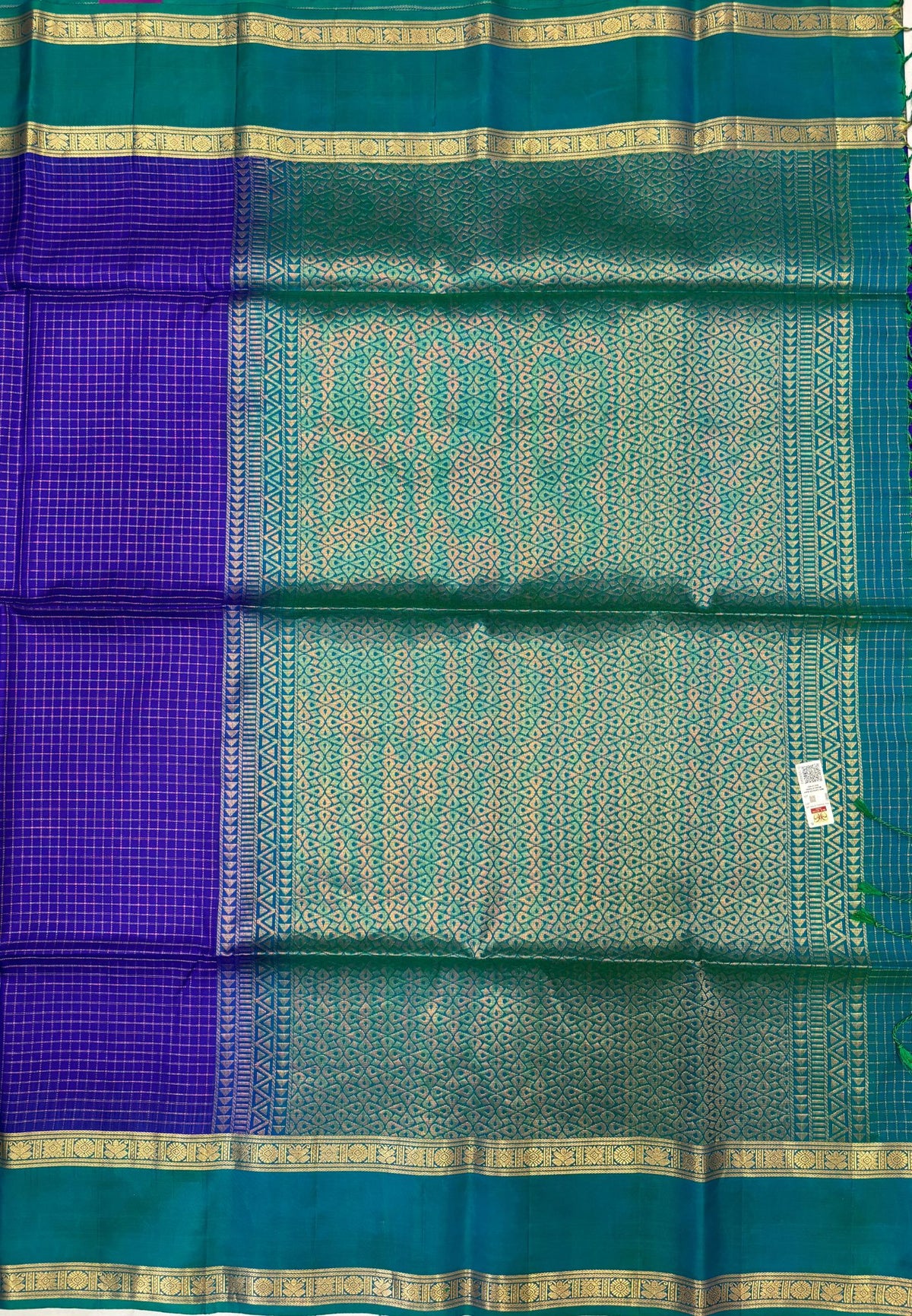 Pure Kanchipuram Silk Saree-Violet in Zari Checks with Contrast Retapet Border