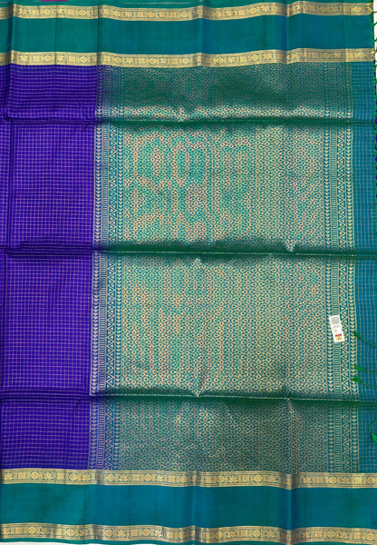 Pure Kanchipuram Silk Saree-Violet in Zari Checks with Contrast Retapet Border