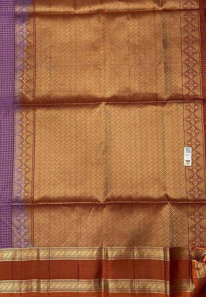 Pure Kanchipuram Silk Saree-Lavender in Zari Checks with Contrast Retapet Border