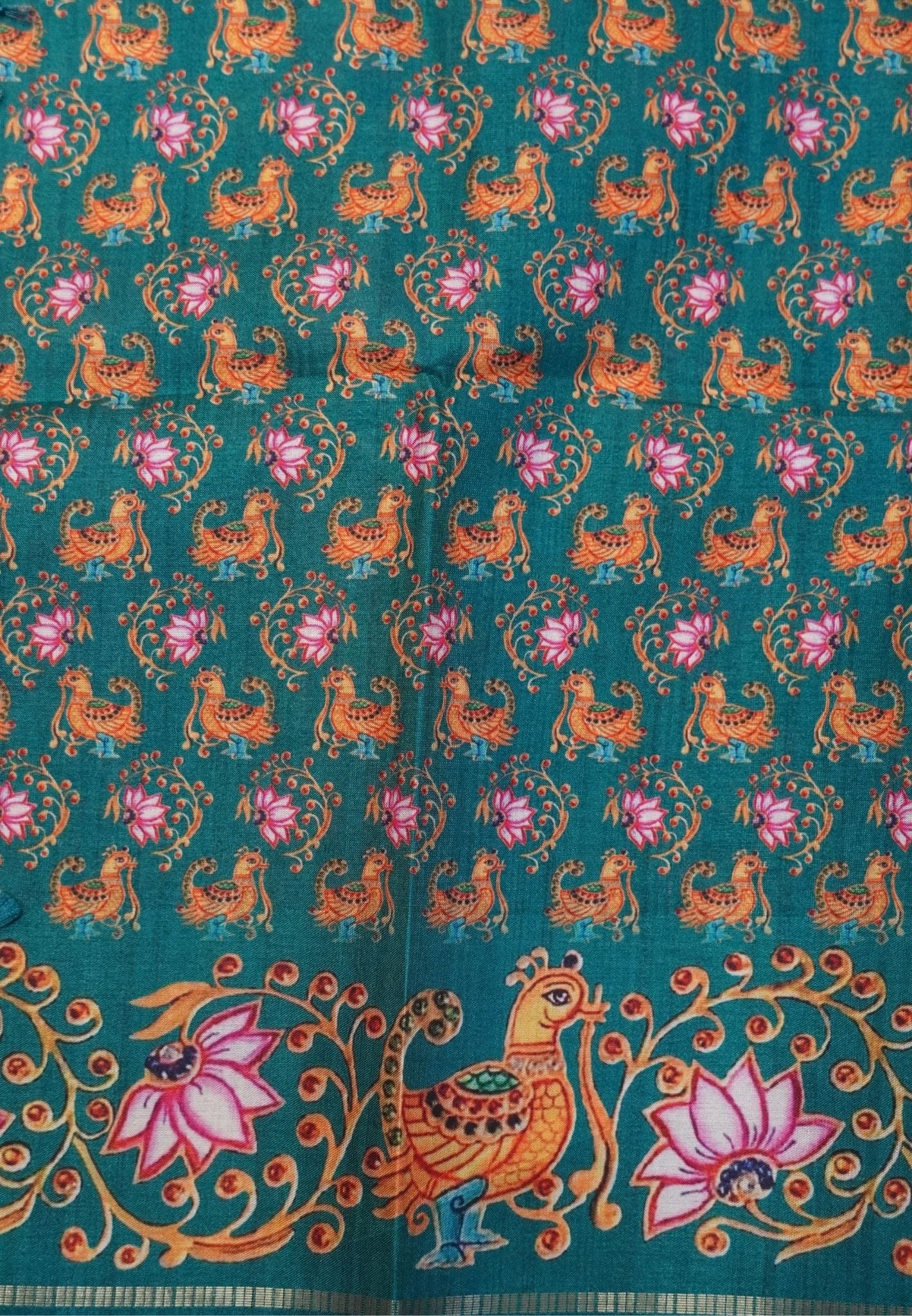 Premium Matka Tussar Saree-Orange with Contrast Border in Tanjore Print