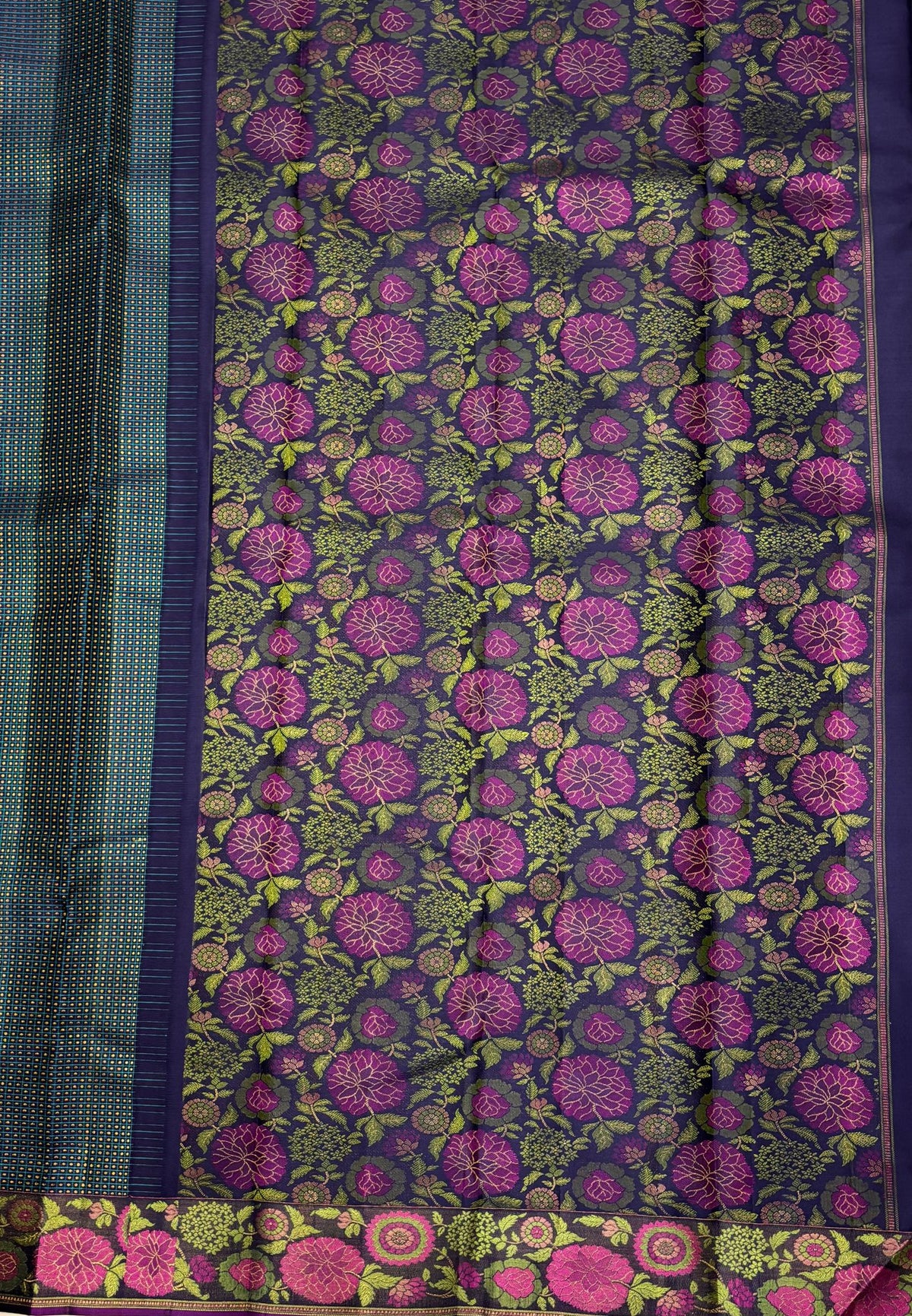 Pure Kanchipuram Silk-Peacock Blue in Floral Chakram Zari Border