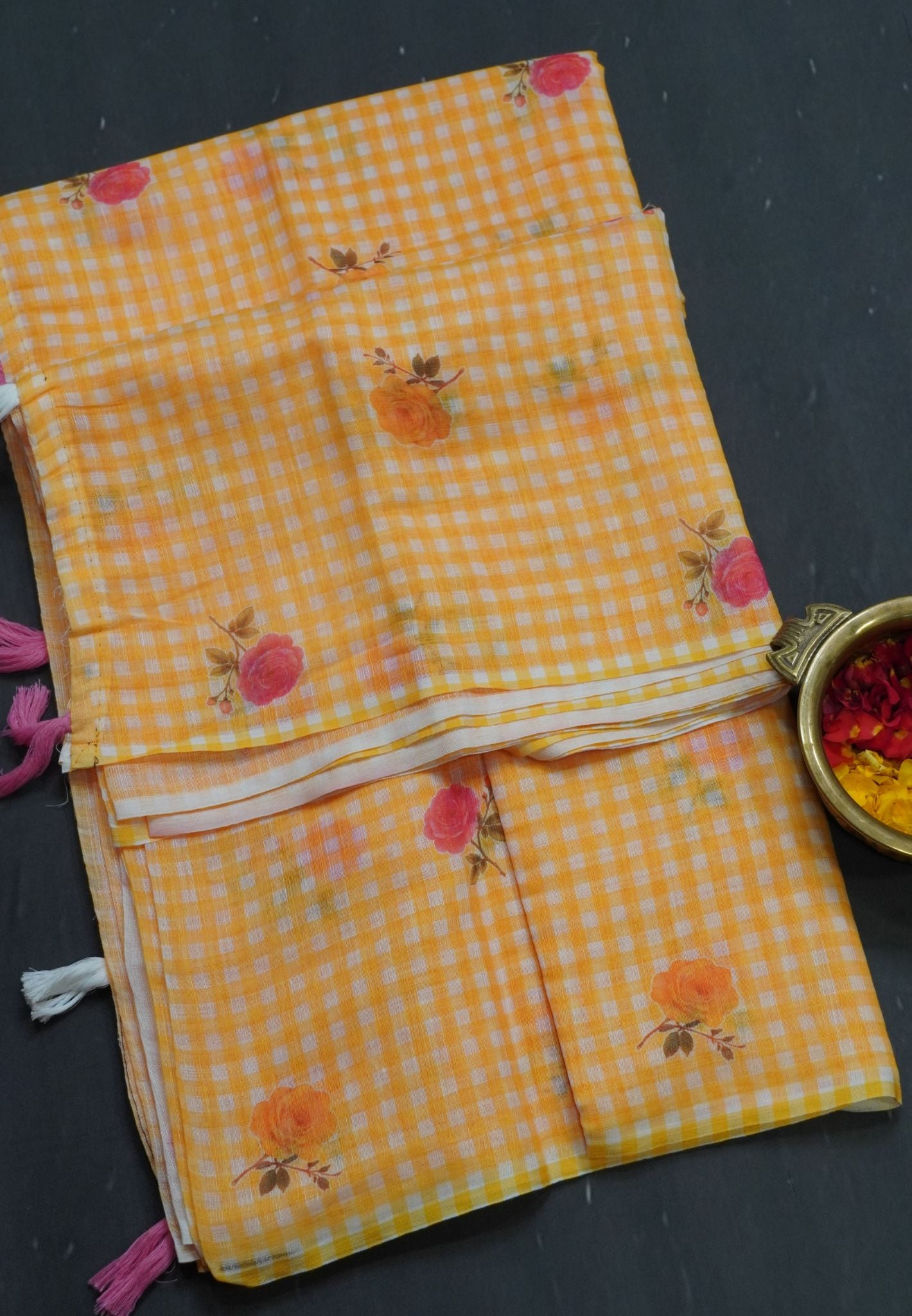 Linen Saree - Checks Yellow