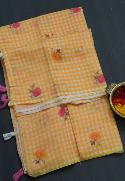 Linen Saree - Checks Yellow