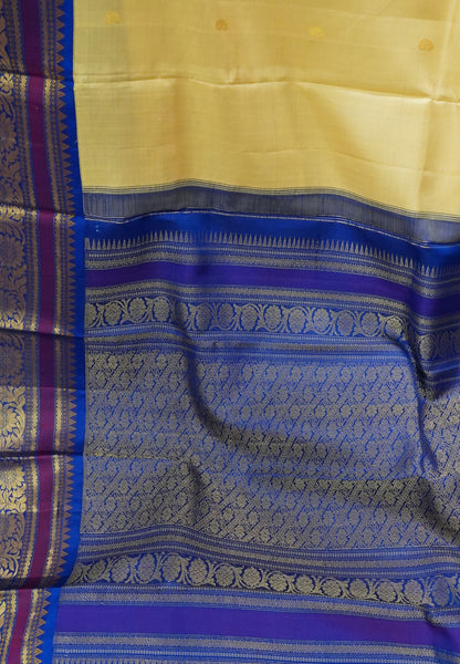 Pure Kanchipuram Silk Saree-Cream with Contrast Blue in Korvai Border