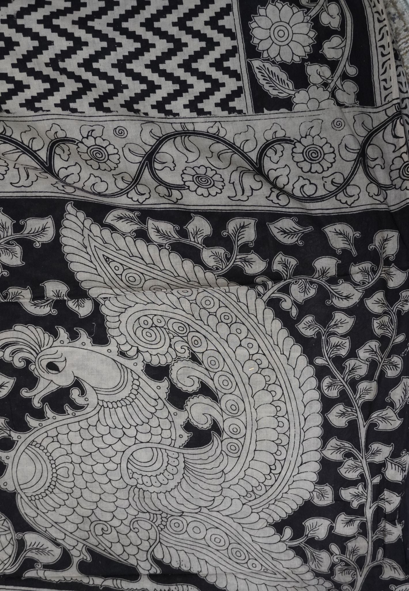 Kalamkari Cotton Saree – Black & Ivory Heritage Print