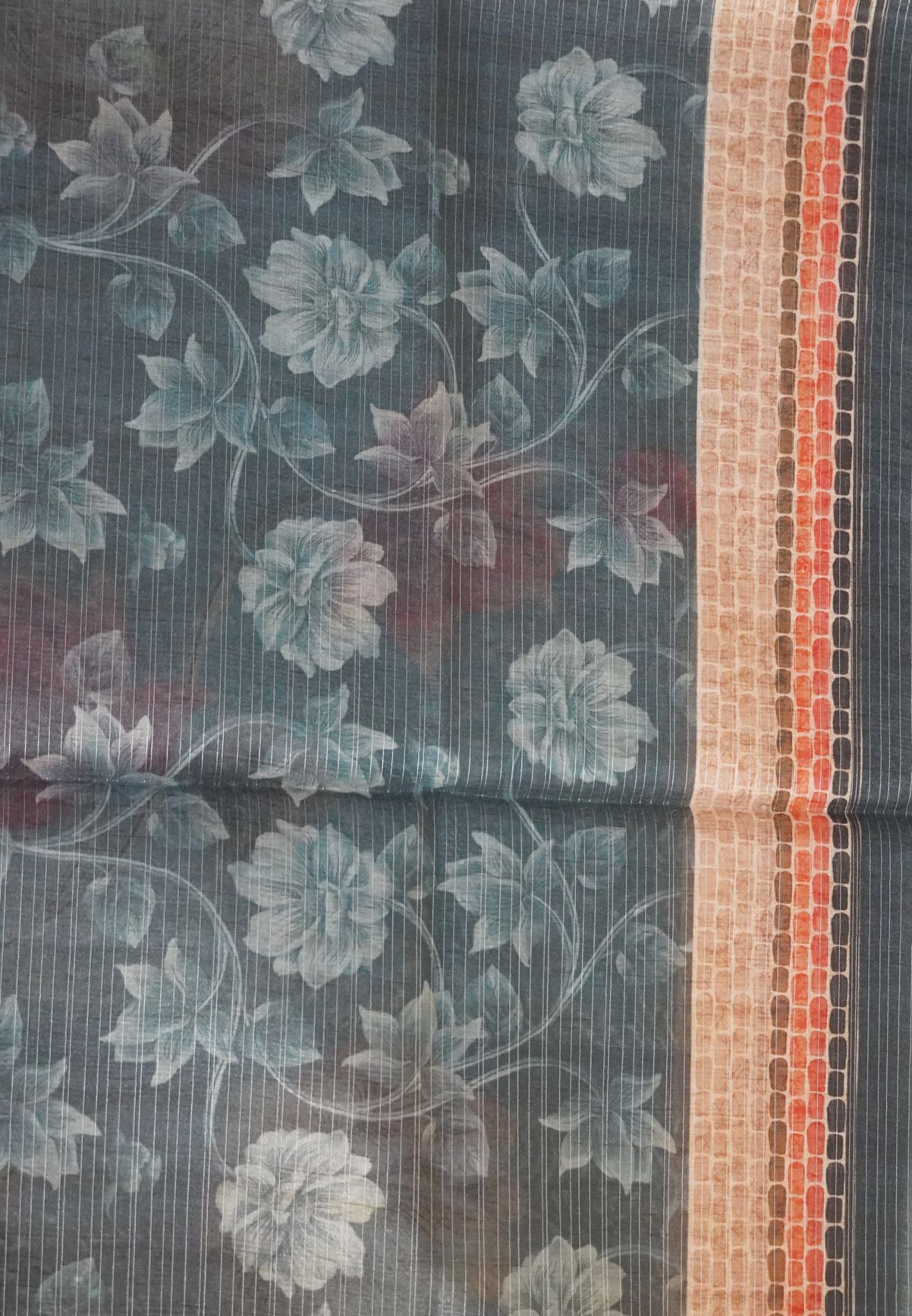 Bhagalpur Tussar  - Floral Pattern Greyish Blue