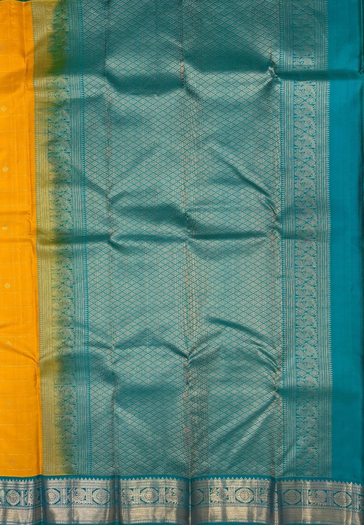 Pure Kanchipuram Silk Saree-Yellow In Floral Medallion Zari With Contrast Border