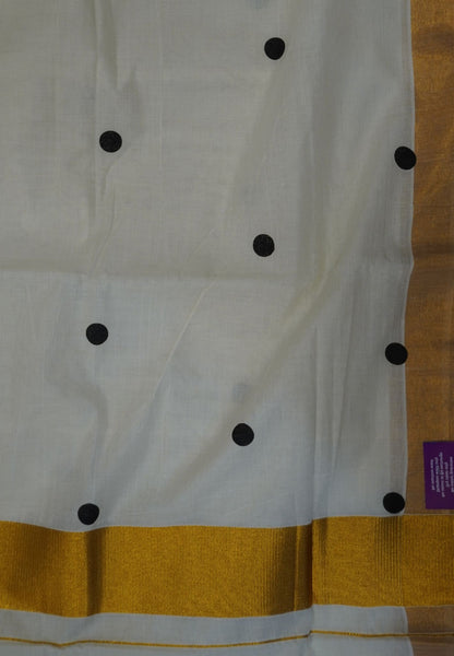 Cotton Saree-Off White with Black Dots