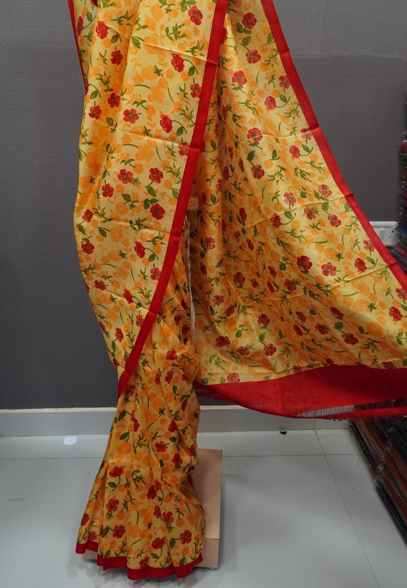Pure Tussar Saree-Yellow in Floral Pattern