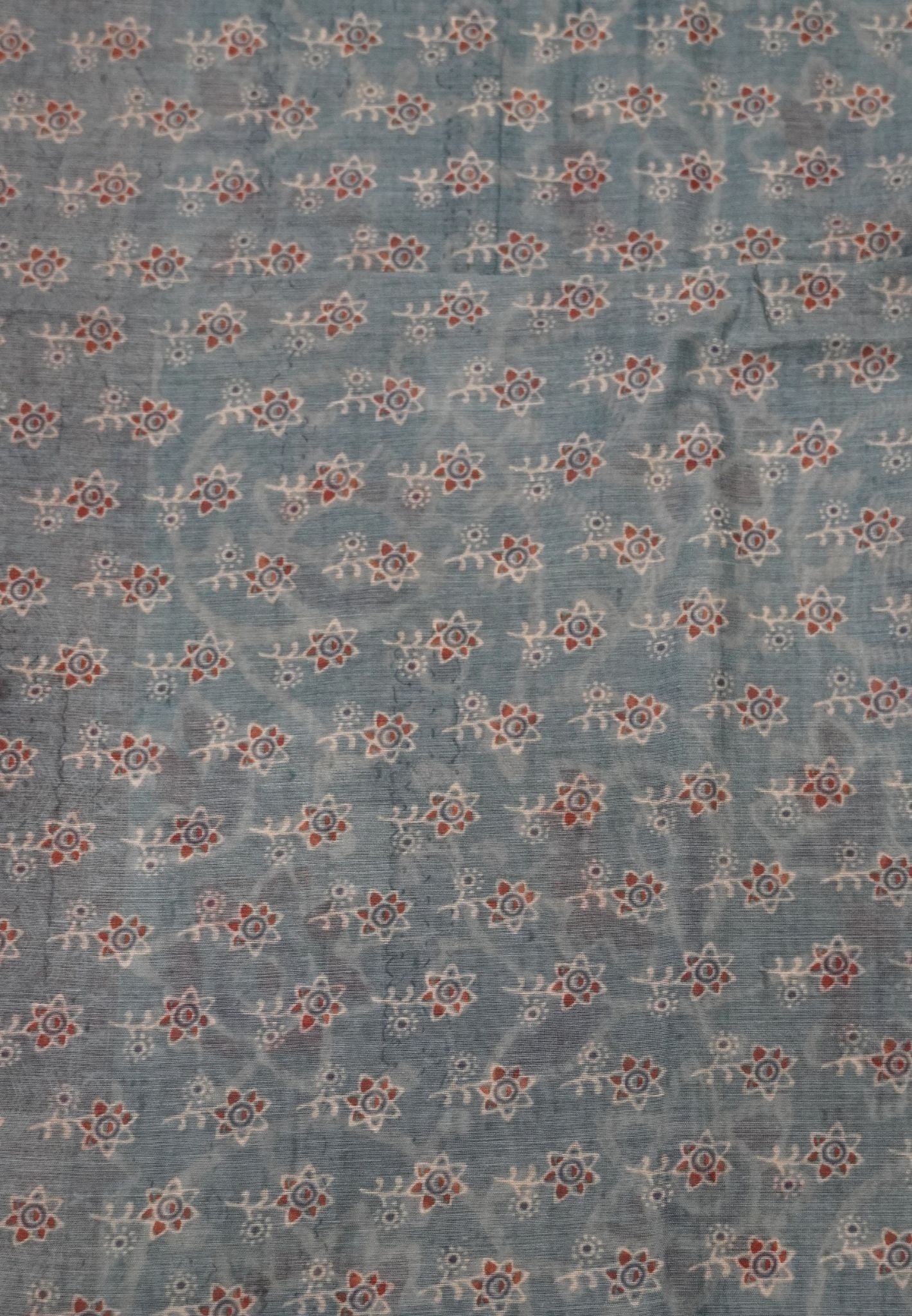 Semi Chanderi Saree-Blue with Floral Pattern