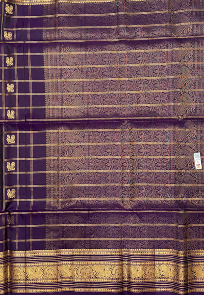 Pure Kanchipuram Silk Saree-Dark Purple in Checkered Mayil Chakram with Varisapet Border