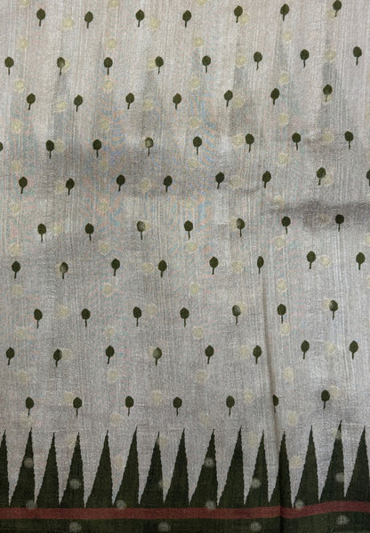 Soft Tussar Saree-Beige-Olive Green In Zigzag Temple Inspired Border