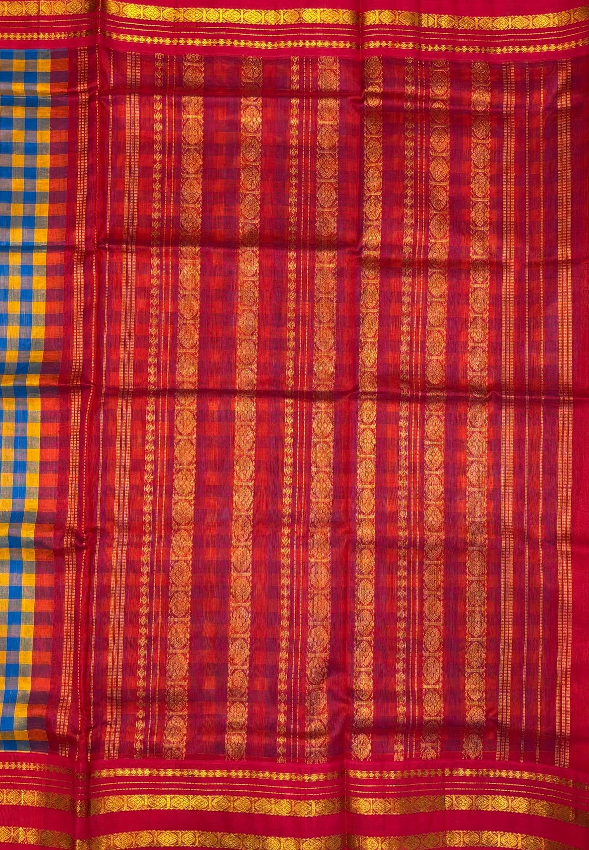 Pure Silk Cotton Saree–Sulphate Blue in Checked Zari with Contrast Border