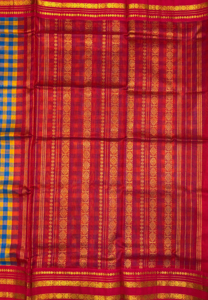 Pure Silk Cotton Saree–Sulphate Blue in Checked Zari with Contrast Border