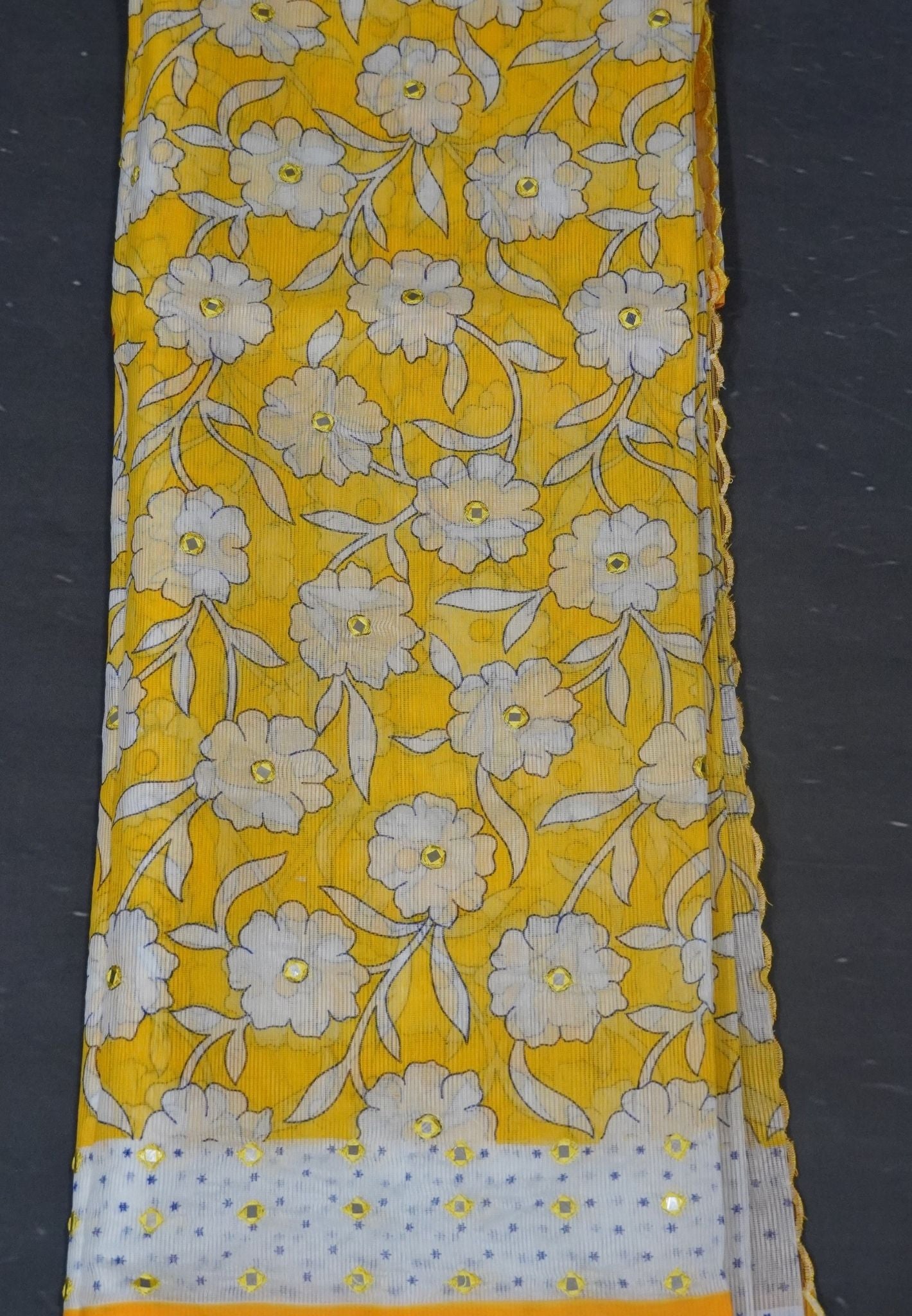 Supernet Kota Cotton Saree-Yellow with Mirror Work