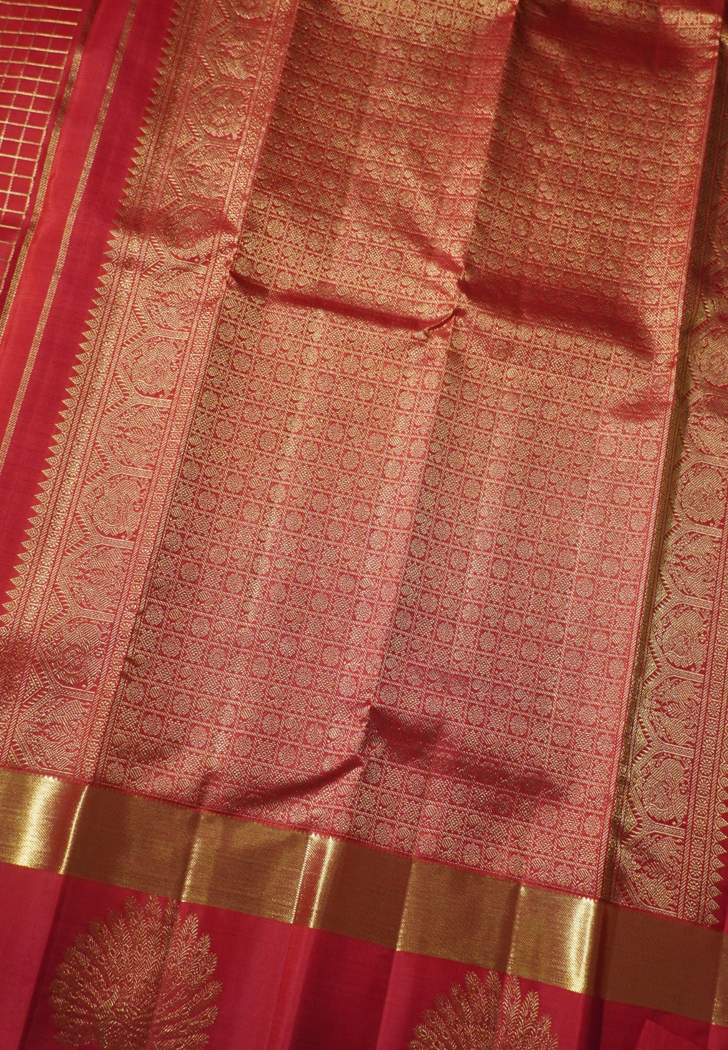 Pure Kanchipuram Silk Saree-Red Zari checks with Peacock Border