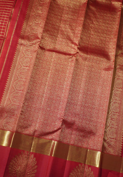 Pure Kanchipuram Silk Saree-Red Zari checks with Peacock Border
