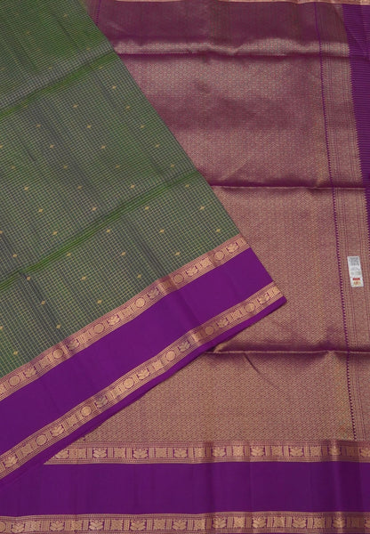 Pure Kanchipuram Silk Saree-Sage Green in Zari Checks with Contrast Rettapet Border