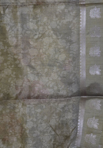 Tissue Linen Saree-Olive green with Floral Kutch Work