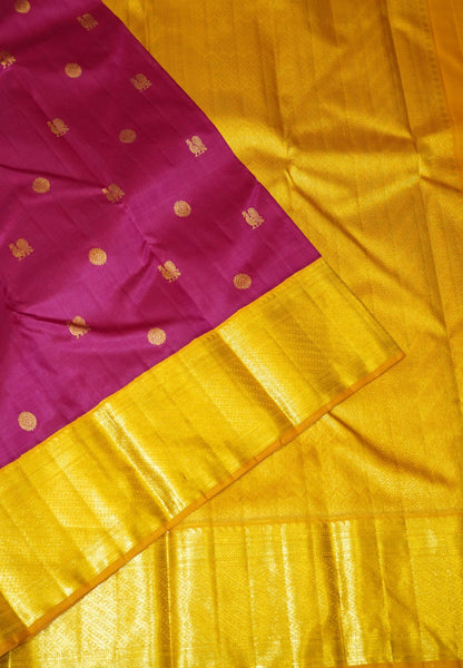 Pure Kanchipuram Silk Saree - Dark Pink with Gold Zari Peacock Buta