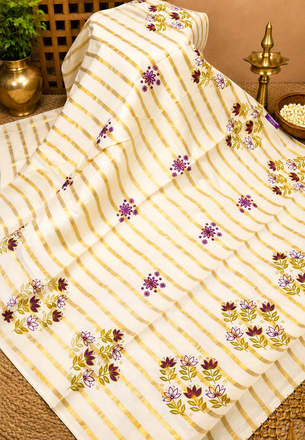 Cotton Saree – Off White with Golden Zari Stripes and Floral Print