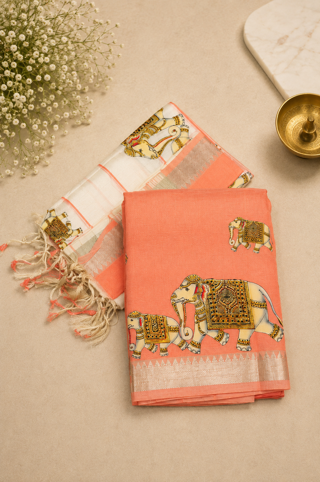 Pure Mangalgiri Silk 2Pc Salwar Material-Peach with Tanjore Print