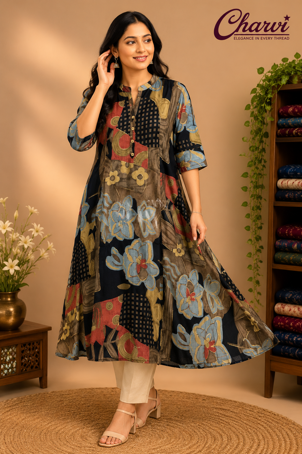 Kurti Top - Black Collar Button with Printed
