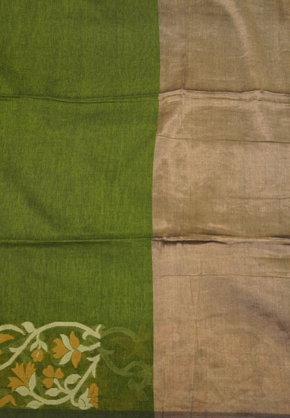 Handloom Cotton Saree-Sage Green Floral Jamdhani Border